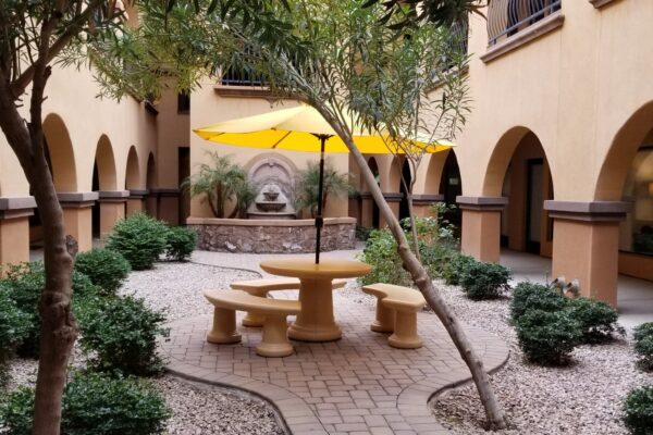 photo of office complex courtyard seating
